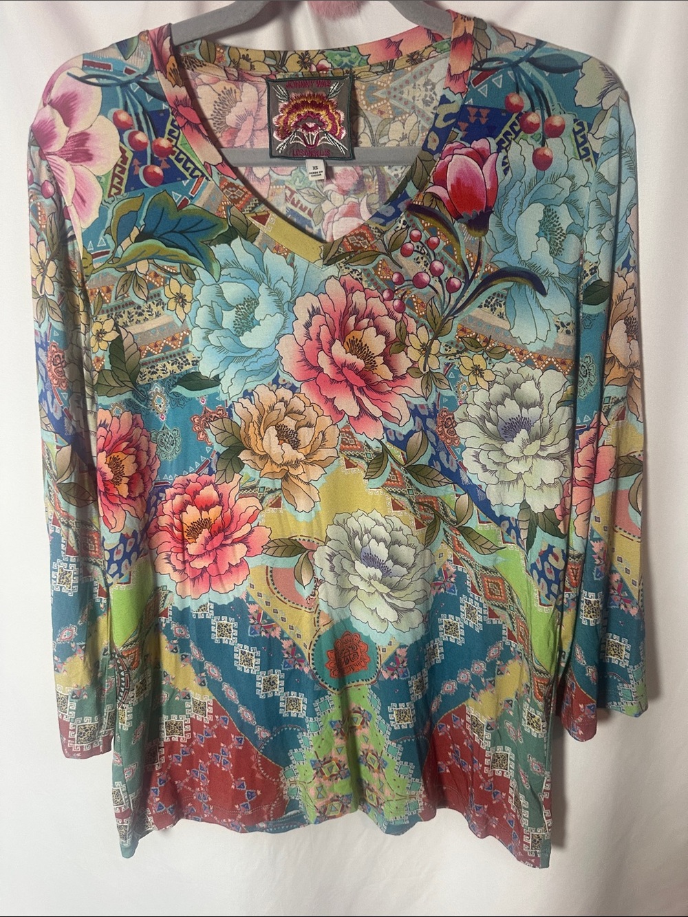 Johnny Was Teal Multi-Color Floral V-Neck Long Sleeve Top